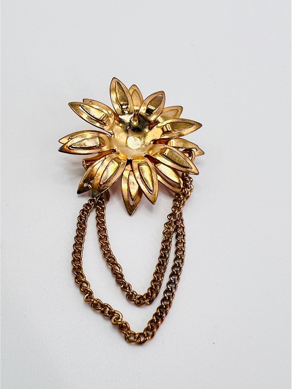 Vintage Gold Tone Flower Brooch Double Draped Chain Chatelaine Style Pin